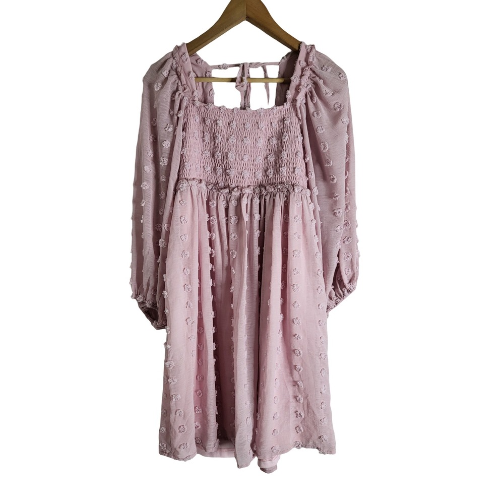 Listicle Mauve Pink Clip Dot Smocked Mini Dress Long Balloon Sleeve Size M